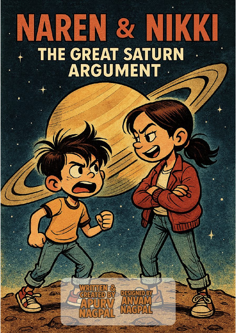 Naren and Nikki arguing on a rocky planet with Saturn behind them