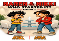 Naren and Nikki with arms crossed in a living room